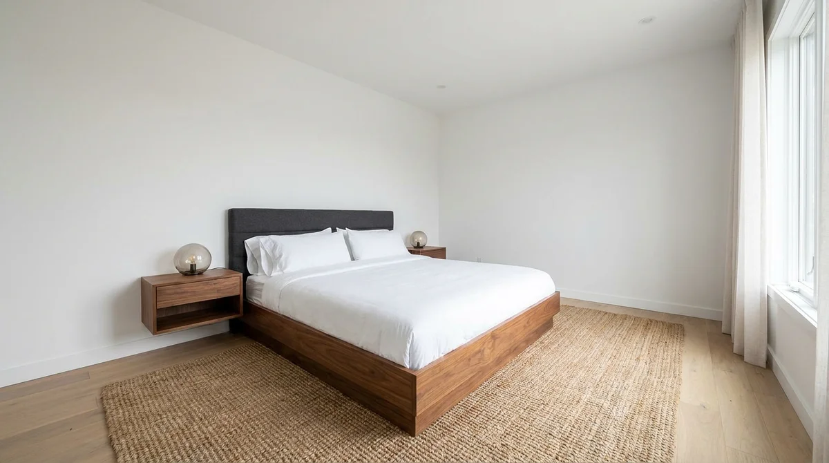 Dormitorio ambientado virtualmente en estilo Modern con una cama baja tipo plataforma, cabecero gris antracita y mesillas de nogal