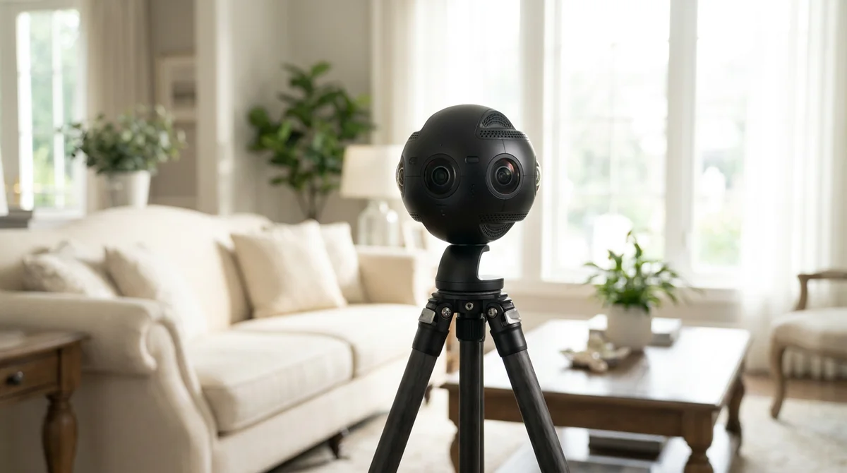 Close-up van een 360-gradencamera op een statief in een lichte, gestyleerde woonkamer