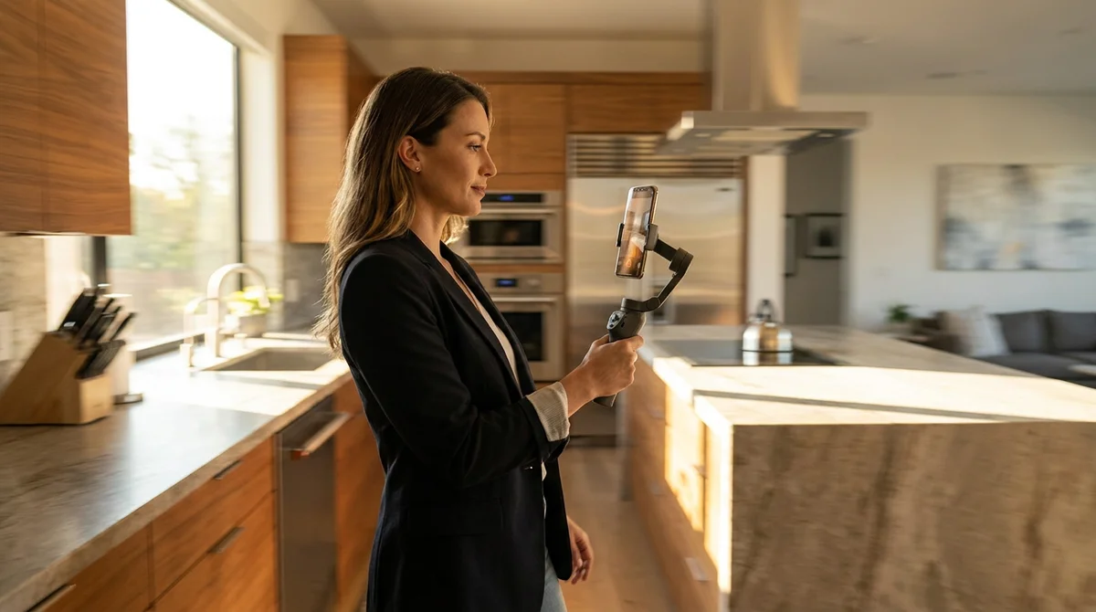 Een makelaar filmt een vloeiende, met de hand gehouden videorondleiding door een moderne keuken met een smartphone-gimbal