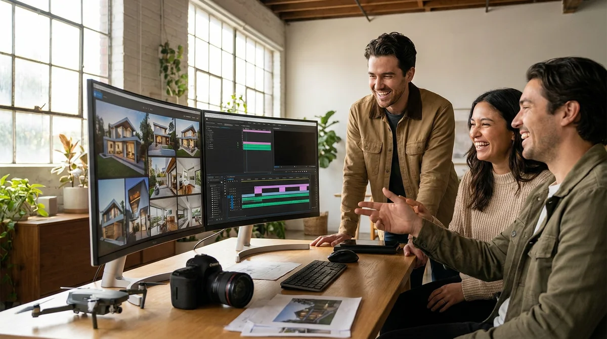Dreiköpfiges Immobilien-Medienteam prüft Inseratsfotos und eine Video-Timeline auf zwei Monitoren in einem hellen Studio