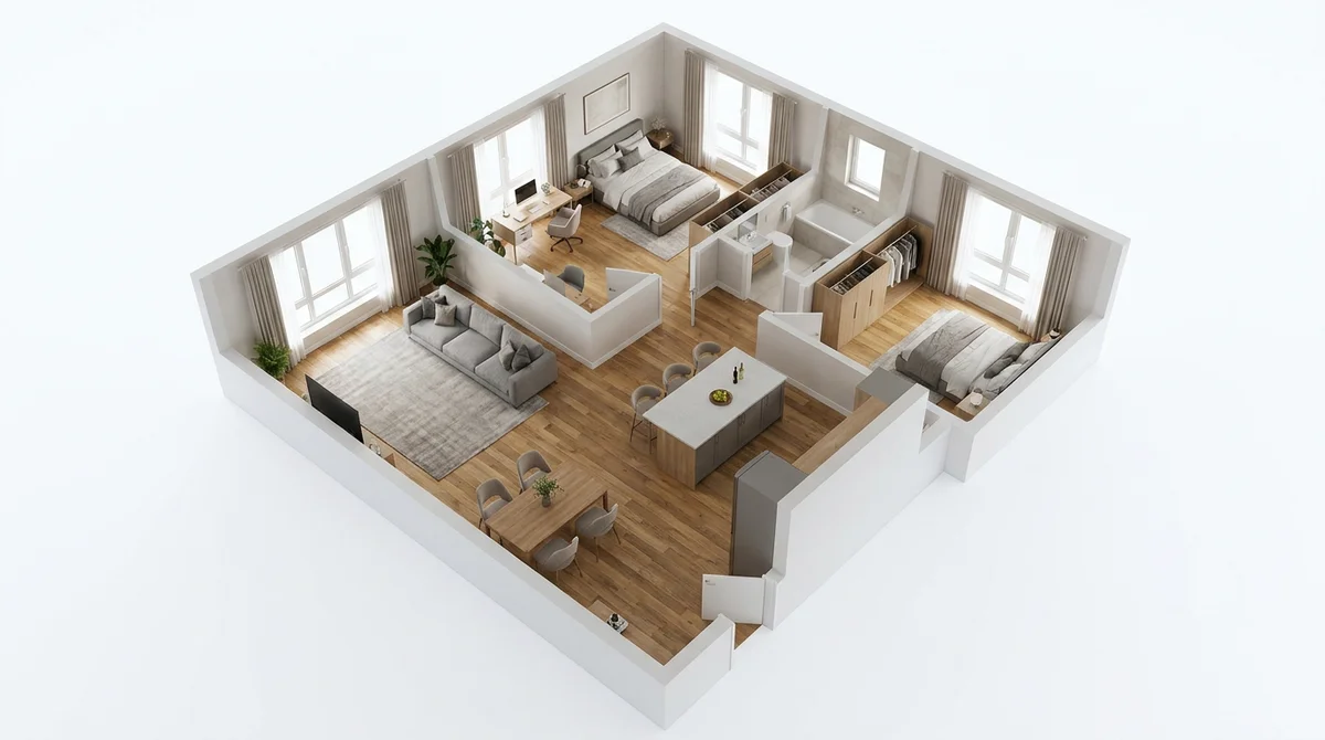 Photorealistic 3D cutaway floor plan of a furnished two-bedroom apartment in dollhouse view
