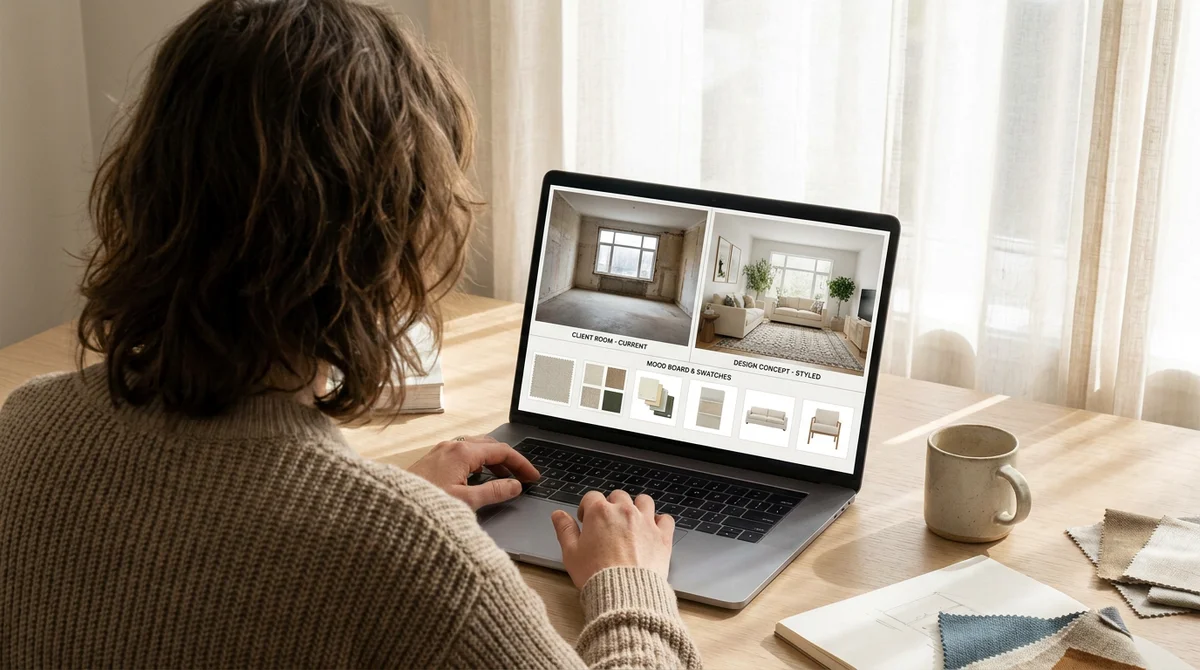 An online interior design workflow on a laptop, turning a client's empty room photo into a styled, furnished concept with a mood board panel